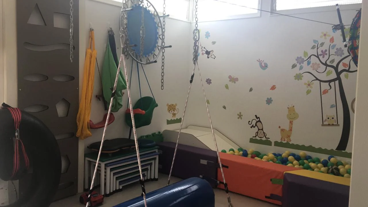 Sala sensorial com balanços suspensos, parede de escalada, piscina de bolinhas coloridas e parede pintada com árvore e bichos.